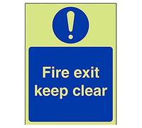 vsafety 18037 An-g "Fire Exit Keep Clear" señal obligatoria, brilla en oscuro, 1 mm, de plástico, Vertical, 150 mm x 200 mm), color azul