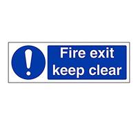 vsafety 18069 ax-r "Fire Exit Keep Clear" señal obligatoria, 1 mm plástico rígido, paisaje, 300 mm x 100 mm, color azul