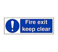vsafety 18069 ax-s "Fire Exit Keep Clear" señal obligatoria, vinilo autoadhesivo, paisaje, 300 mm x 100 mm, color azul