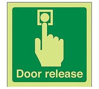 vsafety 22021 AF-G "Door Release" seguro Condición puerta signo, brillan en la oscuridad, 1 mm, plástico, cuadrada, 100 mm x 100 mm), color verde