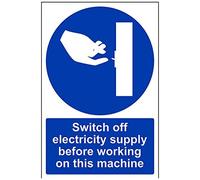 vsafety 42008 au-s obligatorio maquinaria señal, autoadhesivos, Switch Off suministro eléctrico antes de trabajar en este equipo," vertical, 200 mm x 300 mm), color azul