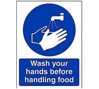 VSafety 44016 AN-S señal obligatoria, autoadhesiva, Wash Your Hands Before Handling Food”. Vertical, 150 mm x 200 mm, color azul