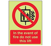 VSafety 55030AN-G Señal de prohibición de incendios en el evento del fuego no utilizar este elevador, plástico, vertical, 150 mm x 200 mm, negro/rojo