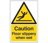 VSafety 63044AN-S - Seña de advertencia, diseño con texto en inglés "Caution Floor Slippery When Wet", autoadhesiva, vertical, 150 mm x 200 mm, color negro y amarillo