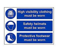 VSafety - Cartel de polietileno de alta visibilidad, casco y calzado debe ser desgastado, 400 mm x 300 mm, plástico rígido de 1 mm