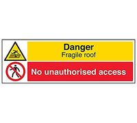 VSafety Danger, Fragile Roof/No Unauthorised Access Sign - Señal de acceso horizontal, 600 mm x 200 mm, vinilo autoadhesivo