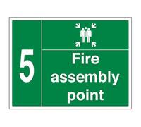VSafety Fire Assembly Point w/Family No. 5 - Señal de seguridad de plástico rígido de 800 x 600 mm, 2 mm