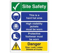 VSafety "Multi Hazard Site Safety Stop. Mira. Listen. Plástico rígido de 2 mm, 300 mm x 400 mm