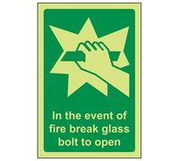 VSafety - Señal autoadhesiva de vinilo con texto en inglés "Glow In The Dark In Case Of Fire Break Glass Bolt To Open", 100 mm x 150 mm