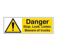 VSafety - Señal de plástico rígido con texto en inglés "Danger Stop, Look, Listen Beware Of Trucks", 450 mm x 150 mm, 1 mm