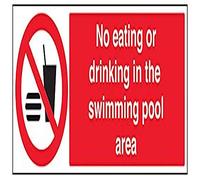 VSafety - Señal de prohibición de no comer o beber en la zona de la piscina, paisaje - 600 mm x 200 mm, vinilo autoadhesivo