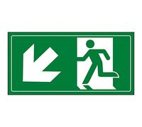 VSafety Señal de salida de fuego de hombre corriendo hacia abajo a la izquierda, 600 x 300 mm, vinilo autoadhesivo