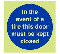 VSafety - Señal de vinilo autoadhesivo con texto en inglés "Glow In The Dark In The Event Of Fire This Door Must Be Close", 150 mm x 150 mm
