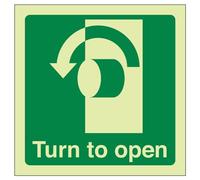 VSafety - Señal para puerta con texto en inglés "Glow In The Dark Turn To Open", 100 mm x 100 mm, vinilo autoadhesivo