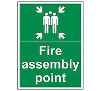 VSafety - Señal vertical con texto en inglés "Fire Assembly Point With Family", 400 mm x 300 mm, plástico rígido de 2 mm