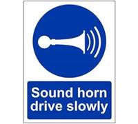VSafety - Señal vertical con texto en inglés "Sound Your Horn Drive Slowly", 150 mm x 200 mm, plástico rígido de 1 mm