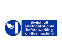 VSafety Signs - 42017BJ-S - Señal obligatoria - Autoadhesivo - "Interruptor de suministro de electricidad antes de trabajar en esta máquina" - 450 x 150 mm - 3 unidades