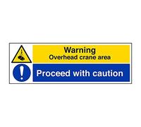 VSafety Signs 67133BP-S - Señal de advertencia de construcción - autoadhesiva, advertencia de área de grúa superior/Proceed With Caution - 600 x 200 mm - Paquete de 3
