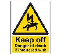 VSafety Signs - 68028AN-S - Señal de advertencia eléctrica - autoadhesivo - "Keep Off, Danger Of Death If Interfered With" - 150 x 200 mm - Retrato - 3 unidades
