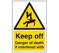 VSafety Signs 68028AU-S - Señal eléctrica de advertencia autoadhesiva, Keep Off, Danger Of Death If Interfered With" - 200 x 300 mm - Retrato - 3 unidades