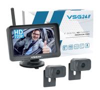 VSG Juego de 2 cámaras HD de 24 pulgadas, sistema de visión trasera inalámbrica para coche, incluye cámara de visión trasera + monitor, fácil de reequipar 12 V-24 V, cámara de matrícula digital