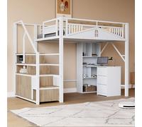 VSOGA Cama alta de metal 140 x 200 cm, carcasa de seguridad única con ventana, escalera de seguridad con taquilla, color blanco, antiguo SKU es LDB00359AAK