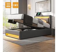 VSOGA Cama tapizada 90 x 190 cm con puerto USB con iluminación LED y espacio de almacenamiento, sin colchón, diseño de litchi, color gris