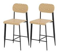 VSOGA Juego de 2 taburetes de bar con reposapiés, estructura de metal, altura del asiento 66 cm, fácil montaje, diseño industrial, madera natural y negro