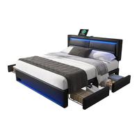 VSOGA Lit Capitonné - Puerto Avec USB (140 x 190 cm, LED Avec éclairage y Quatre tiroirs de Rangement, sans matelas, diseño de PU Litchi, Noir) [Old SKU3256234AAS]