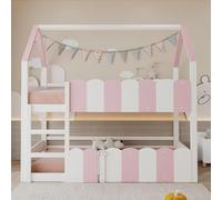 VSOGA Litera para niños de 90 x 200 cm, diseño en forma de casa con barandillas de seguridad elevadas. La cama superior tiene un somier de listones. Adecuado para niños y niñas Rosa