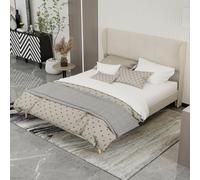 VSOGA Moderna cama tapizada minimalista con cabezal de felpa, 160 x 200 cm, beige, asiento de dormitorio multifuncional, base de bajo perfil sin almacenamiento, mate exclusivo.