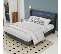 VSOGA Moderna cama tapizada minimalista con suave LED integrado, 140 x 200 cm, gris, accesorio multifuncional, base de bajo perfil sin almacenamiento, mate no incluido.