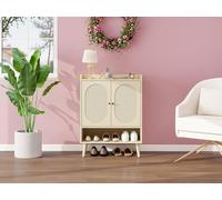 VSOGA Zapatero con puertas dobles en aspecto de madera natural y diseño de mimbre - con estante y estante abierto para el intervalo, ideal para pasillo, entrada o pasillo, 68 × 35 × 90 cm