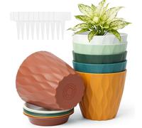 vsshe Macetero con Plato, 6pcs Maceta Redonda Clásica de Plástico con Agujeros de Drenaje, 9cm Altura x 10cm Diámetro Superior x 6.5cm Diámetro Base, Apto balcón, Patio, Interior/Exterior（6 Colores）