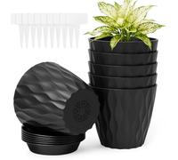 vsshe Macetero con Plato, 6pcs Maceta Redonda Clásica de Plástico con Agujeros de Drenaje, 9cm Altura x 10cm Diámetro Superior x 6.5cm Diámetro Base, Apto balcón, Patio, Interior/Exterior（Negro）