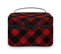 VstaDank Bolsa de maquillaje de viaje a cuadros rojo y negro 1 bolsa de cosméticos de piel de gran capacidad portátil con divisor transparente y asa, bonitas bolsas de afeitado anchas para aseo