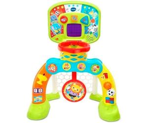 VTech-Baby Centro de Deportes Basket-GOL, Portería de fútbol, Canasta de Baloncesto y Diana, Efectos Especiales y respuestas interactivas, Incluye Tres Pelotas, Marcador LED (80-533522), versión ESP