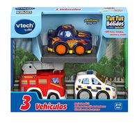 VTech - TutTut Bólidos Pack de 3 Coches con botón Sorpresa, María la policía, Valiente camión de Bomberos y Victoria Coche Carreras, Multicolor, Versión ESP