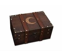 vuagmiv Caja de cofre de madera y cuero, caja de madera grabada con media luna con forro de terciopelo, caja de almacenamiento de suministros y herramientas Wiccan de luna celta y caja de recuerdos