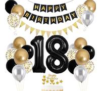 VUCDXOP Decoraciones de cumpleaños de 18 para niño o niña, globos de oro negro con número "18", pancarta de feliz cumpleaños, decoración para pastel, globos negros, dorados, plateados, azules