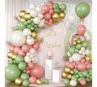 VUCDXOP Guirnalda de globos verde salvia y rosa retro, paquete de 130 globos de arco de globos de látex para fiesta de cumpleaños, graduación, aniversario, baby shower, boda