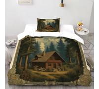 VulcanTrade Cabine Montaña 3D Impreso Hipoalergénico Set Edredón 2 piezas Función de relleno de microfibra Almohadas Cremallera Cierre Single(135x200cm) para adultos, mujeres y niños