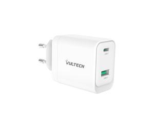 VulTech CC45-1C1A - Cargador Universal de 45 W GAN USB + Type-C/USB-C PD3.0 QC3.0 PPS, Compatible con Smartphone, Tablet y portátil, Color Blanco, Compacto