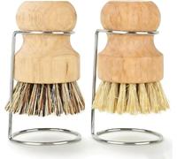 Vunanvu 2 PCS Cepillos de Limpieza de Cocina, Cepillo para Limpiar Verduras con Estante de Drenaje, Cepillo de Palma para Fregar Platos, Cepillo para Limpieza de Ollas y Sartenes con Mango de Madera