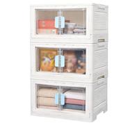 Vunanvu 3 PCS Cajas Almacenaje Plastico con Tapa 50L, Cajas de Almacenamiento Apilables con 4 Ruedas y Puertas Delantera, Caja Organizadoras de Plastico Plegable para Snacks Ropa Juguetes y Libros