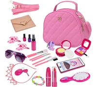 Vunanvu Bolso para Niña con Maquillaje Juguete y Accesorios, 32 PCS Juego de Maquillaje de Simulación con Monedero, Teléfono, Diadema, Pinza, Brochas, Bolso, Pulsera y Gafas de Sol para Juego de Roles