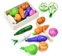 Vunanvu Frutas y Verduras de Madera para Cortar, 10 PCS Accesorios de Comida de Maderas Juguetes, Comida de Juguete para Cocinita con Conexión de Belcro, Juguete Educativo Montessori de Madera