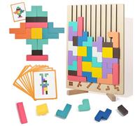 Vunanvu Juego Tetris de Madera, Rompecabezas de Tetris 3D, Puzzle de Madera Montessori, Bloques deTetris, Juego Educativo Regalo con 42 Colorido Bloques Geométricos y 10 Cartas para 3 4 5 6 Años