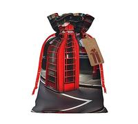 Vuoongt Red Phone Booth London Street Print - Bolsas de regalo de Navidad reutilizables para Halloween, bolsas de dulces con etiquetas y cierre de cordón