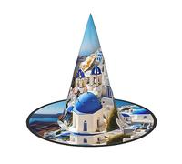 Vuoongt Santorini - Sombrero de Halloween con estampado de vista al mar de la isla griega, versátil, ligero, accesorios de disfraces, sombrero puntiagudo plegable